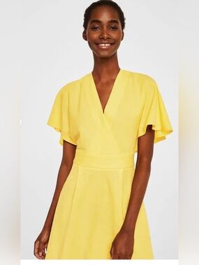 Mango Yellow V-Neck Midi Dress with Flutter Sleeves